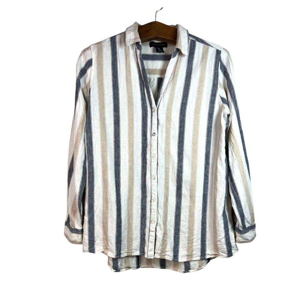 Tahari Striped Linen Blend Top Womens Button Up V-Neck Roll Tab Sleeve Size L